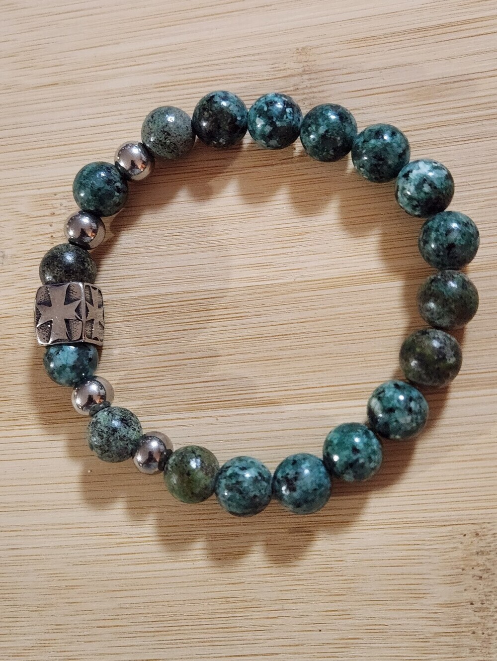 Hand Crafted African Turquoise Stretch Bracelet with Stainless Steel Cross Focal